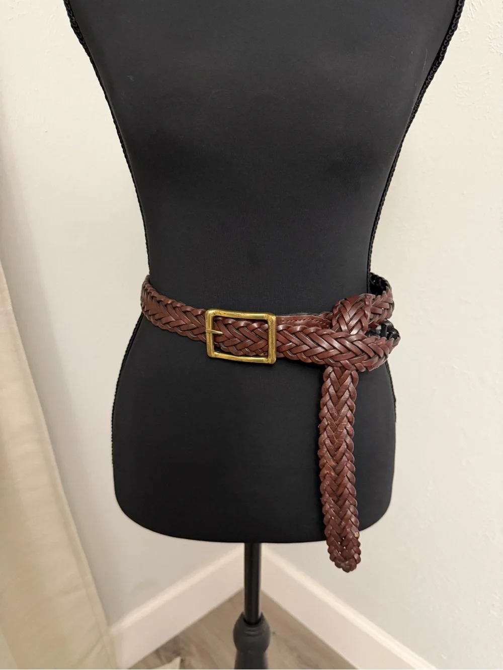Woven Brown Leather Waist Belt with Brass Buckle